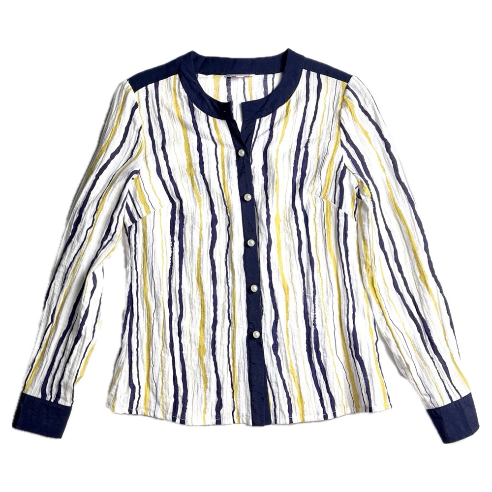 Gold Stone White, Blue & Yellow Striped Blouse Pearl Buttons Textured Size Large